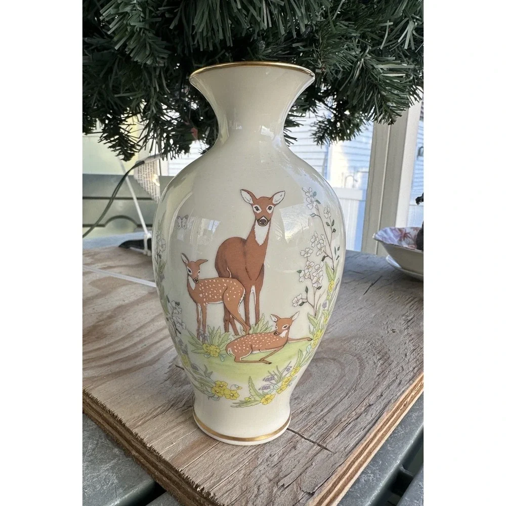 VTG Lenox Mother's Day 1984 Gold Rim Deer Family Vase Limited Edition